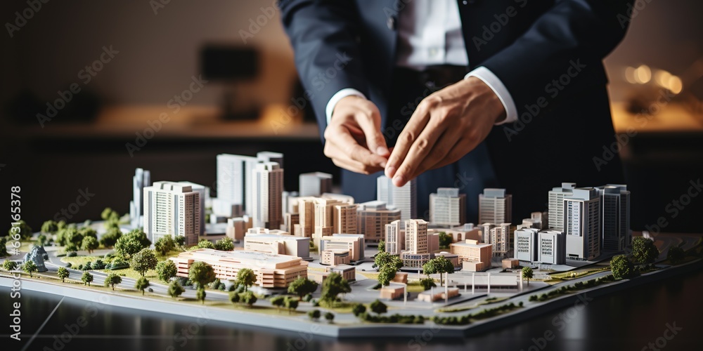 Real estate development. businessman or architect showing new business office complex scale model - obrazy, fototapety, plakaty 