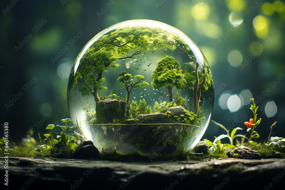 Sustainability nature environment in crystal ball, global warming save the earth