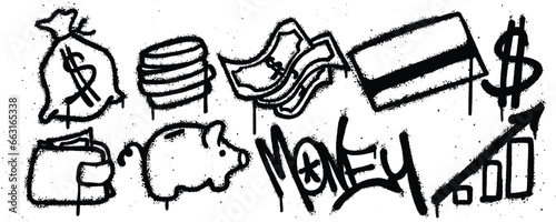 Set money graffiti spray paint. Collection of money bag, coin, money, card, dollar, wallet, piggy bank Isolated Vector