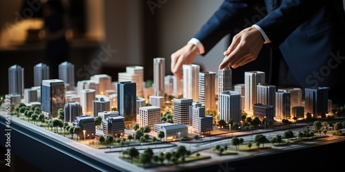 Real estate development. businessman or architect showing new business office complex scale model photo
