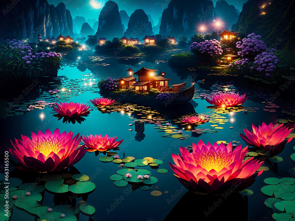 A Lake with Beautiful Lotus Flowers and Green Leaves, Great for a Wallpaper, Generative AI