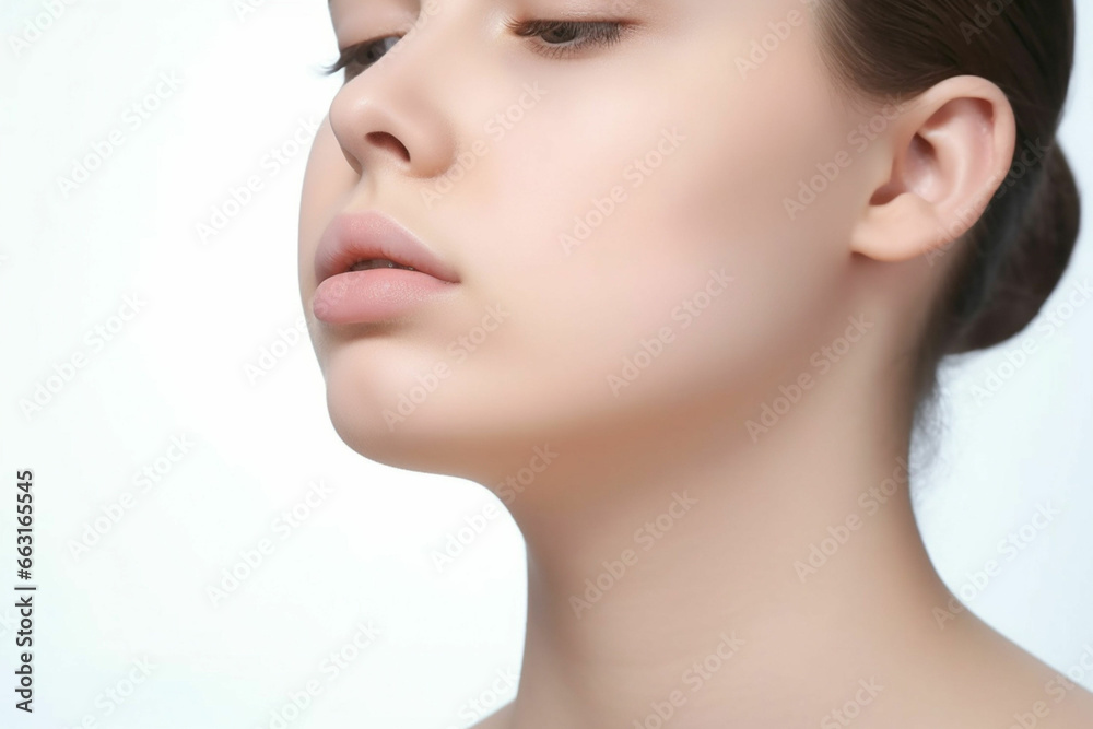 Cropped shot of a young caucasian woman's face with double chin isolated on a white background