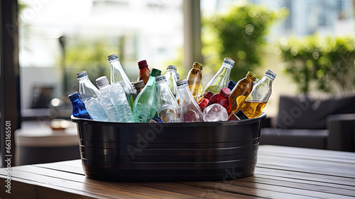 Recycling bin with bottles on wooden table, closeup view