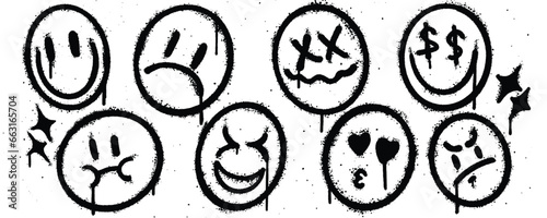 Set spray paint. Collection of smile, sad, unlucky, face money, unaware, kiss, angry Isolated Vector