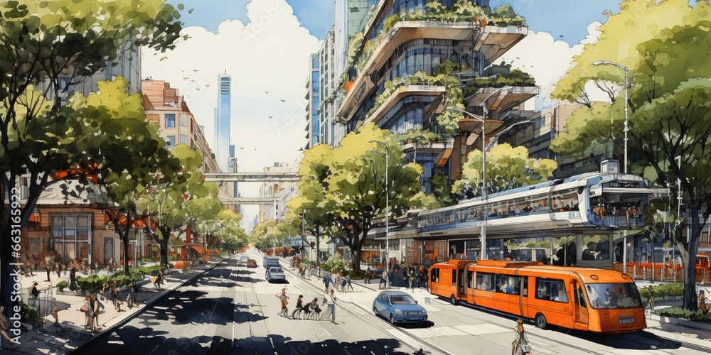 Fototapeta premium Urban planning sketch highlighting sustainable elements like green spaces, public transportation, and pedestrian zones.