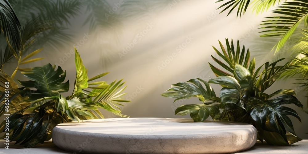 White marble stone pedestal showcase mock up and palm leaves with sunlight and shadow, realistic podium with tropical tree, minimal backdrop White marble stone pedestal showcase mock up and palm leaves with sunlight and shadow, realistic podium with tropical tree, minimal backdrop