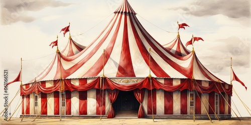 A circus tent with red and white stripes.