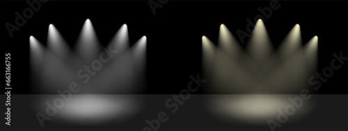 Spotlight ray stage effect. Spot light beams shine on black background to bright up scene. Scene vector illustration.