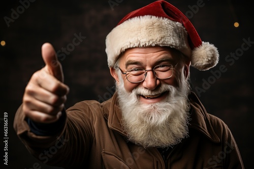 Smiling Santa Claus pointing on blank advertisement banner background with copy space