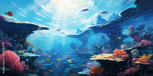 Fototapeta Naklejka Na Ścianę i Meble -  A group of fish swimming over a coral reef in the ocean.