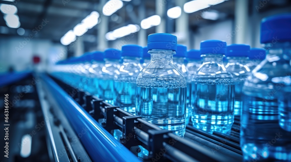 Obraz premium Process of blue plastic bottles manufacturing on a conveyor belt at a modern factory.