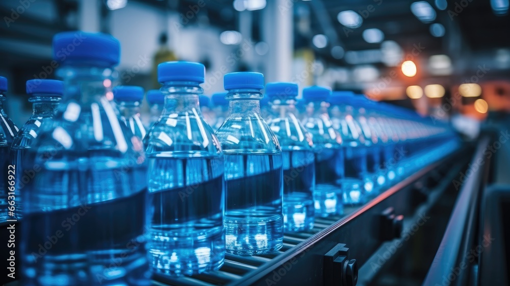 Process of blue plastic bottles manufacturing on a conveyor belt at a modern factory.