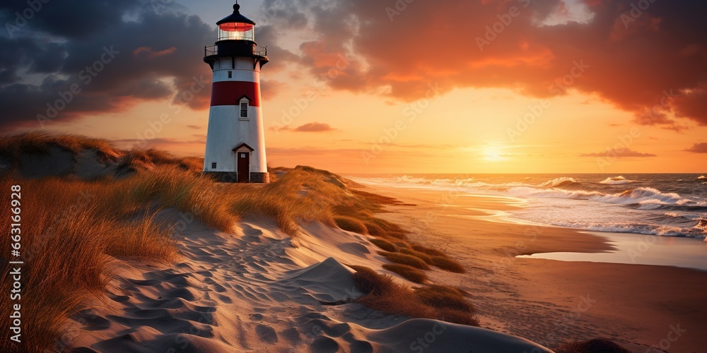 A light house on a beach at sunset with sand dunes in the foreground and grass in the foreground, with the sun setting in the background.