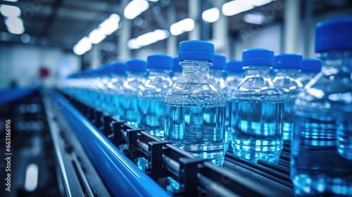 Process of blue plastic bottles manufacturing on a conveyor belt at a modern factory.