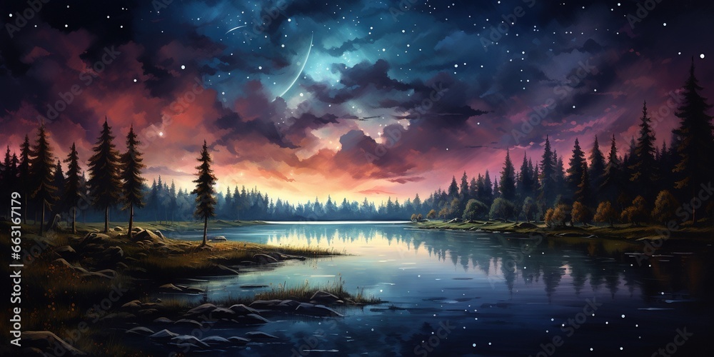 A painting of a night sky with stars above a lake. - obrazy, fototapety, plakaty 