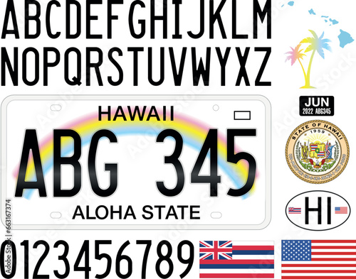 Hawaii US State car license plate, letters, numbers and symbols, vector illustration, USA