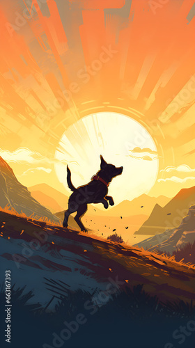 Spectacular Sunset Landscape with Playful Dog Silhouette Running on Mountain Ridge