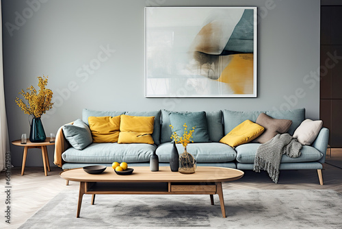 Scandinavian home interior design of modern living room. Ellipse coffee table near blue sofa with yellow pillows against wall with abstract poster frame. photo