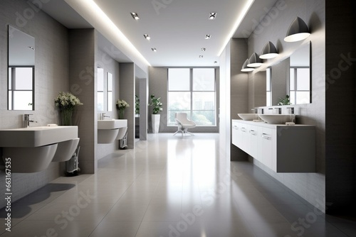 Modern commercial bathroom with minimalistic design. Generative AI