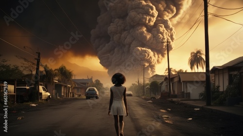 The aftermath of a volcanic eruption, Residents flee as ash rains down.