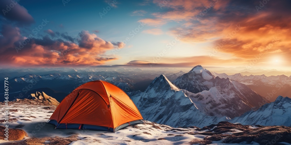 A tent is set up on a snowy mountain top at sunset