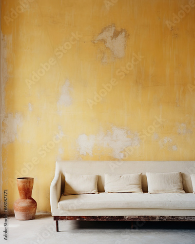 Old beige sofa against aged grunge ancient weathered yellow stucco wall with copy space. Vintage, retro home interior design of living room.