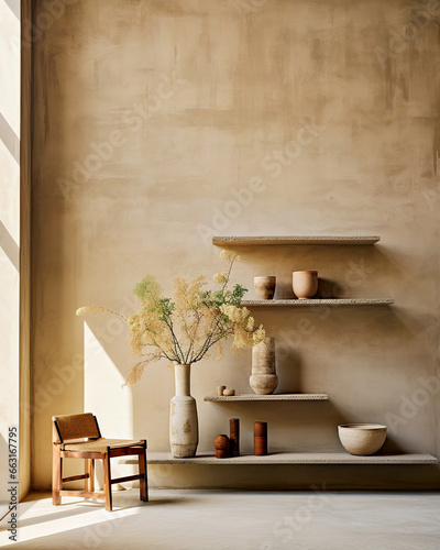 Shelves and old chair against aged old grunge beige stucco wall with copy space. Vintage, wabi-sabi home interior background design of living room.
