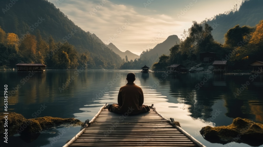 Man sitting meditation on dock in lake.