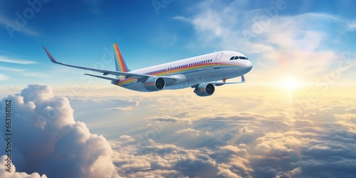 Airplane flying above amazing clouds in clear blue sky with rainbow and sun rays. Concept of traveling  vacation and travel by air transport. Beautiful sky background.