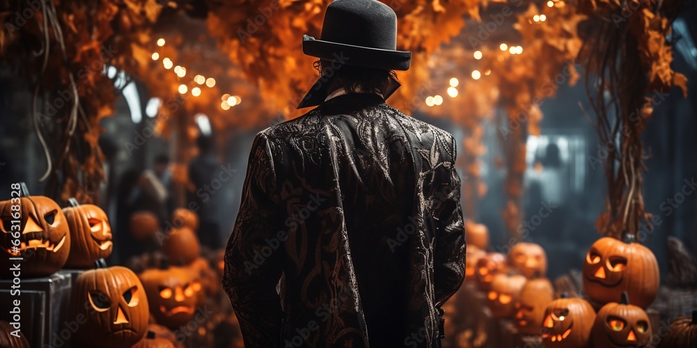 Fototapeta premium Back view of man in outfit during Halloween party