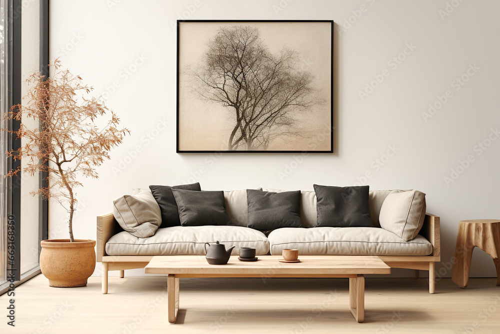 Obraz na płótnie Japanese style home interior design of modern living room. Grey sofa with black cushions against wall with poster frame. w salonie