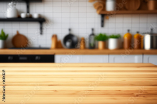 Wooden table on blurred kitchen bench background. Empty wooden table and blurred kitchen background