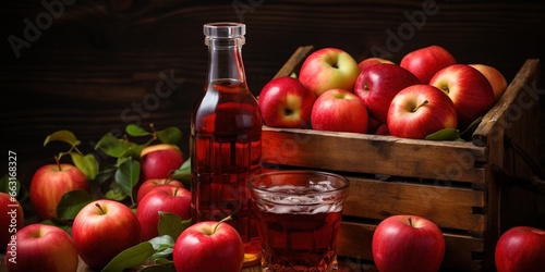 Apple cider drink or fermented fruit drink. Bottles with cider, glasses and organic apples in a wooden box. Healthy eating and lifestyle concept.