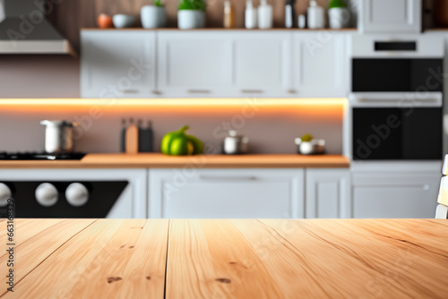Wooden table on blurred kitchen bench background. Empty wooden table and blurred kitchen background