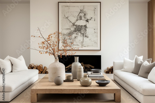 Japanese, minimalist style home interior design of modern living room. Rustic coffee table between two white sofas against wall with poster and fireplace.