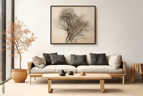 Japanese style home interior design of modern living room. Grey sofa with black cushions against wall with poster frame. photo