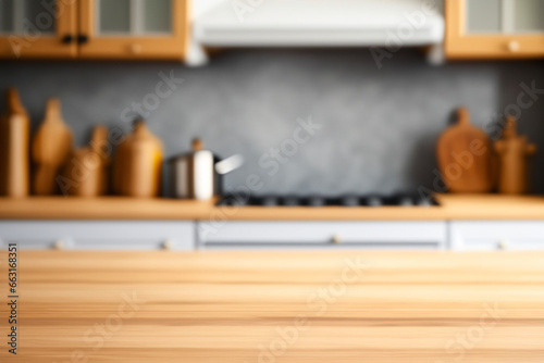 Wooden table on blurred kitchen bench background. Empty wooden table and blurred kitchen background
