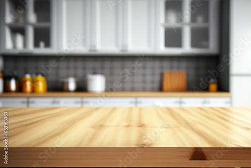 Wooden table on blurred kitchen bench background. Empty wooden table and blurred kitchen background