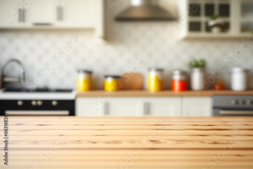 Wooden table on blurred kitchen bench background. Empty wooden table and blurred kitchen background
