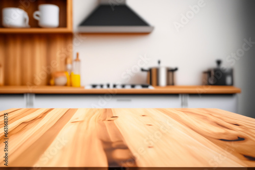 Wooden table on blurred kitchen bench background. Empty wooden table and blurred kitchen background