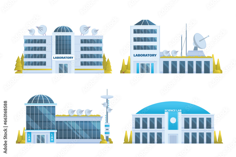laboratory, research center or lab building vector illustration collection. Flat design front view concept for city illustration - obrazy, fototapety, plakaty 