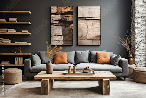 Farmhouse home interior design of modern living room. Rustic accent barn wood coffee table near grey sofa with terra cotta pillows against black wall with shelves and posters. photo