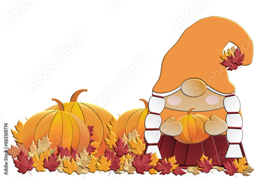 Female gnomo and pumpkin - happy thanksgiving - great for website, email, greeting card, presentation, postcard, book, t-shirt, sweatshirt, sticker, book, printables, sublimation, cricut, silhouet