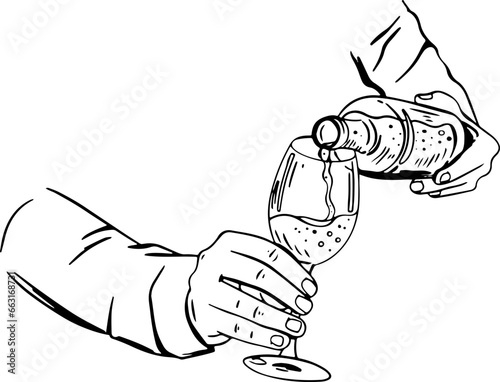 Outline illustration of bartender pouring wine from bottle into glass