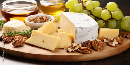 Cheese plate. Different kind of cheese, grapes, olive oil, honey and nuts on wooden board on white background. Healthy food. Snacks for wine. The mediterranean diet.