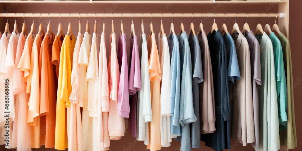 Clothes of different colors on a hanger, open closet with colorful things in pastel colors, home wardrobe.