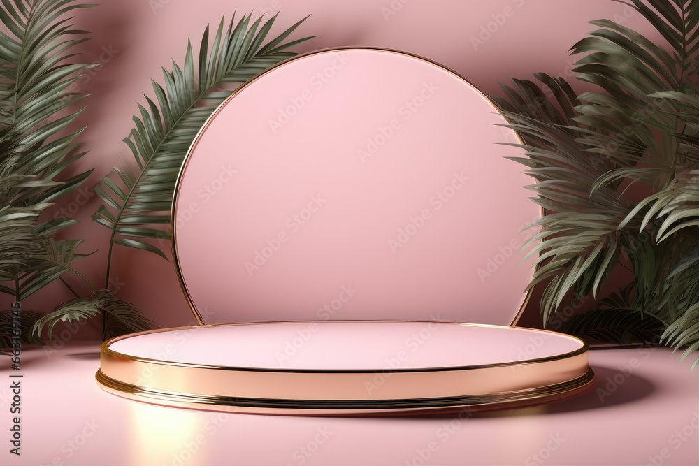golden glass frame on podium in front of pink leaves golden glass frame on podium in front of pink leaves