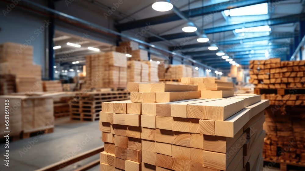 Stacked wooden bars in furniture manufacturing factory.