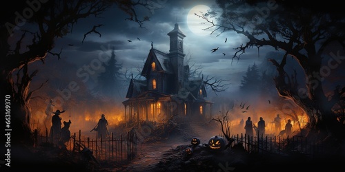 Dimly lit Halloween haunted mansion with ghostly figures nearby and on steps amongst the foggy trees © Coosh448