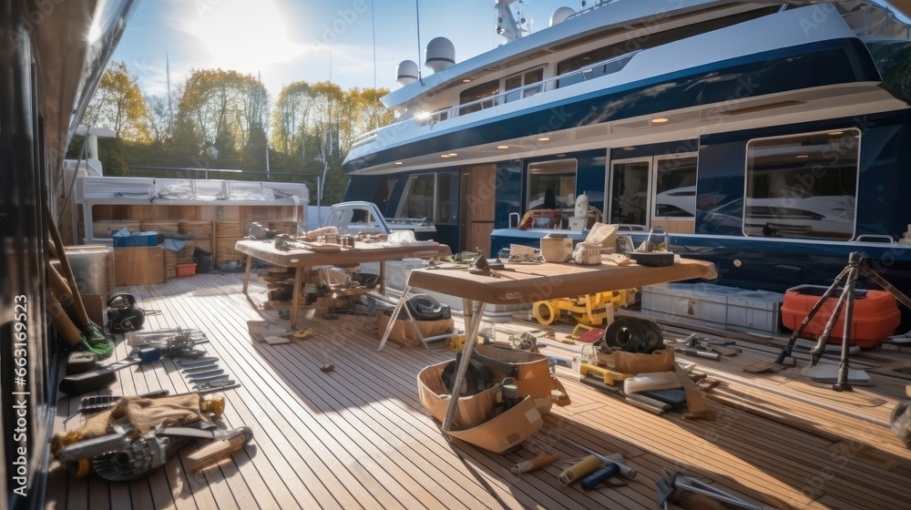 Super yacht decking workshop with tools in foreground. Super yacht decking workshop with tools in foreground.